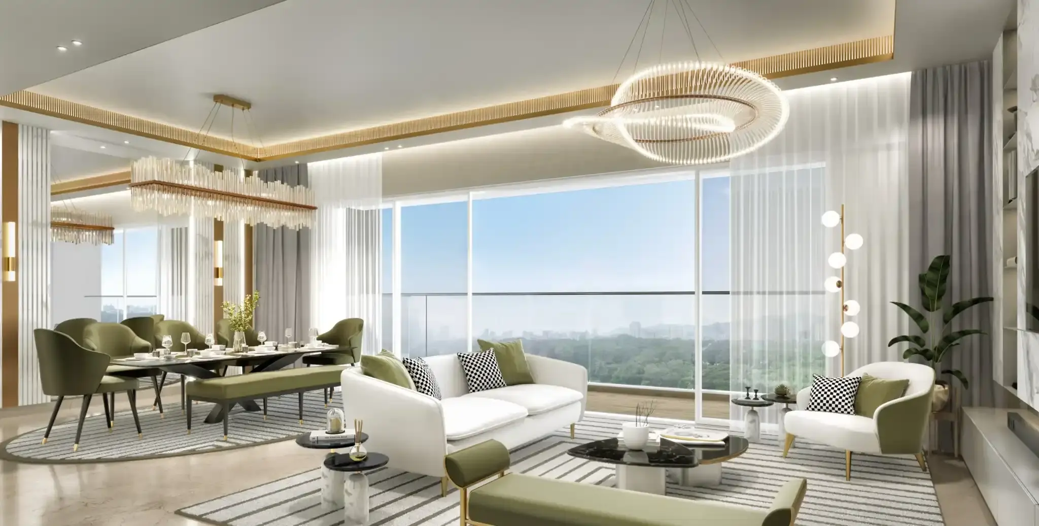 Living room with orange sofa and wooden partition