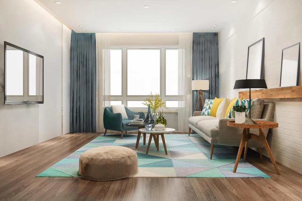 Elegant living room with blue ottoman